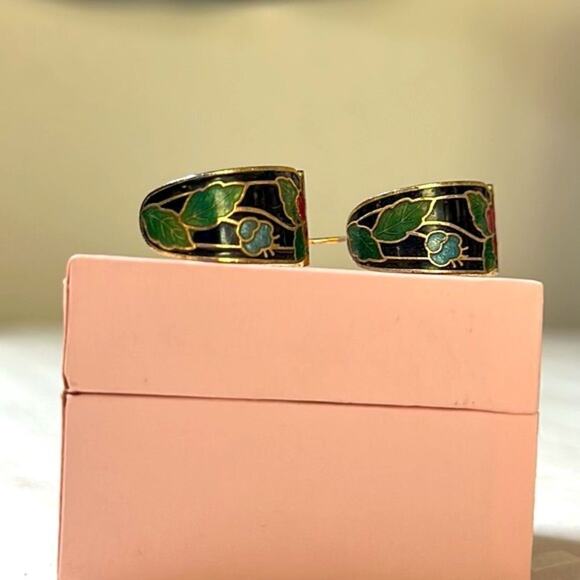Vintage Cloisonné Black Butterfly Floral Earrings - Picture 7 of 12